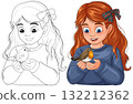 Red-Haired Girl Holding Robin in Hands Illustration 132212362