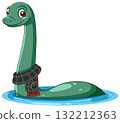 Cartoon Loch Ness Monster Wearing Tartan Scarf in Water 132212363