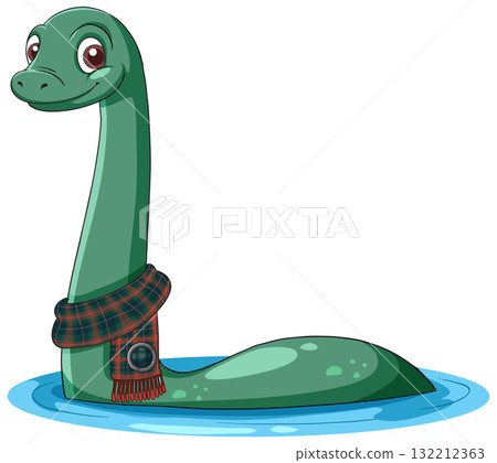 Cartoon Loch Ness Monster Wearing Tartan Scarf in Water Cartoon Loch Ness Monster Wearing Tartan Scarf in Water 132212363