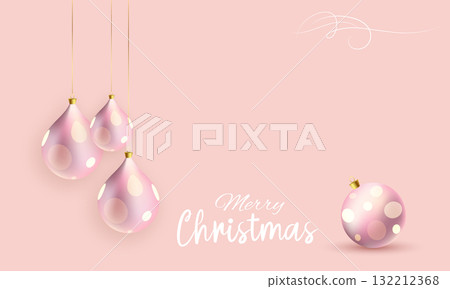 Christmas pink background with hanging baubles decorations. Xmas frame with copy space. Merry Christmas, festive balls. Greeting card mockup, banner template. Vector illustration Christmas pink background with hanging baubles decorations. Xmas frame with copy space. Merry Christmas, festive balls. Greeting card mockup, banner template. Vector illustration 132212368