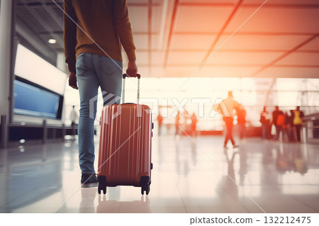 unrecognizable traveler with suitcase on wheels at airport hall, low angle view, neural network generated photorealistic image unrecognizable traveler with suitcase on wheels at airport hall, low angle view, neural network generated photorealistic image 132212475