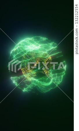 Abstract glowing green sphere with electric patterns, radiating light in a dark space Abstract glowing green sphere with electric patterns, radiating light in a dark space 132212554