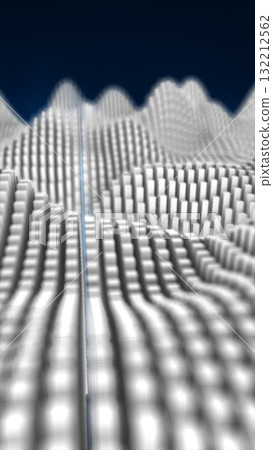 Digital 3D abstract landscape of white cubic blocks forming futuristic wave structure against blue sky 132212562