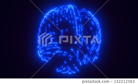 Abstract glowing blue neon sphere made of dynamic curved light trails on dark background 132212563