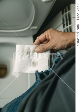 closeup of man holding toilet paper in a bathroom closeup of man holding toilet paper in a bathroom 132212632