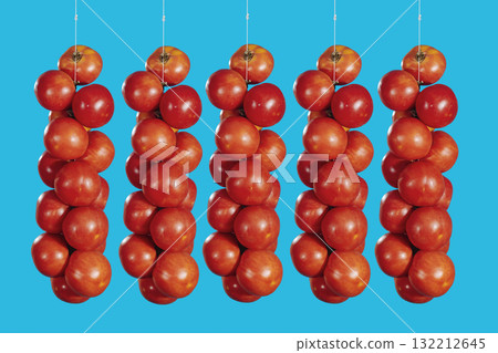 five hanging strings of red tomatoes 132212645