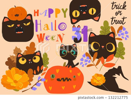 Halloween Set with Funny Cats and Pumpkins. Happy Halloween Halloween Set with Funny Cats and Pumpkins. Happy Halloween 132212775