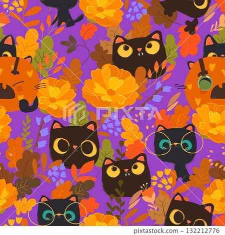 Seamless Pattern with Halloween Funny Cats and Autumn Flowers 132212776