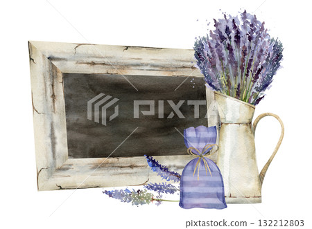 Vintage chalkboard, lavender sachet scented bag, lavandula bouquet in metal jug. Distressed wooden frame. Isolated illustration hand drawn in watercolor. Menu, cottage shabby chic decor, DIY display. 132212803