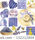 Lavender flowers seeds bouquet, straw sunhat, rustic striped and dotted heart shapes, fabric pieces in patchwork style seamless pattern. Hand drawn in watercolor, isolated. Textile, scrapbooking paper 132212804