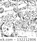 Berry souffle sandwich cake, cheesecake torte slice with meringue swirl, and mint-topped macaron. Hand drawn in vector ink. Seamless pattern for header repeats, blog layouts, and culinary banners. 132212806