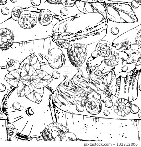 Berry souffle sandwich cake, cheesecake torte slice with meringue swirl, and mint-topped macaron. Hand drawn in vector ink. Seamless pattern for header repeats, blog layouts, and culinary banners. Berry souffle sandwich cake, cheesecake torte slice with meringue swirl, and mint-topped macaron. Hand drawn in vector ink. Seamless pattern for header repeats, blog layouts, and culinary banners. 132212806