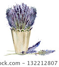Wild lavender bouquet arranged in metal lace cachepot, lavandula flower stems stalks. Isolated illustration hand drawn in watercolor, loose style. Eco branding, romantic product tag, garden label. 132212807
