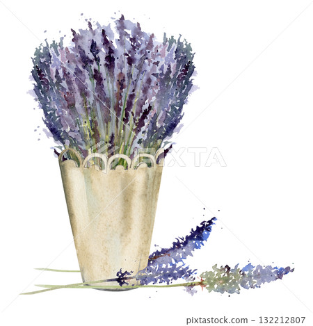 Wild lavender bouquet arranged in metal lace cachepot, lavandula flower stems stalks. Isolated illustration hand drawn in watercolor, loose style. Eco branding, romantic product tag, garden label. Wild lavender bouquet arranged in metal lace cachepot, lavandula flower stems stalks. Isolated illustration hand drawn in watercolor, loose style. Eco branding, romantic product tag, garden label. 132212807