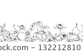 Sweet sour line cherry with white flowers, plant leaves, hand drawn vector ink, berry in clusters on branches. Seamless banner garland illustration for restaurant, cafe menu, wedding, farmers market 132212810