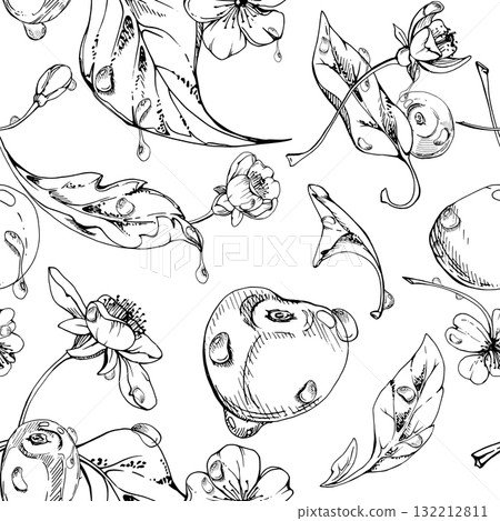 Sweet sour line cherry plant leaves, white flowers buds, hand drawn vector ink, cerise berry in clusters on stems. Seamless pattern tile illustration. Restaurant, cafe menu, wedding, farmers market Sweet sour line cherry plant leaves, white flowers buds, hand drawn vector ink, cerise berry in clusters on stems. Seamless pattern tile illustration. Restaurant, cafe menu, wedding, farmers market 132212811