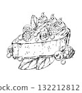 Ripe blueberries and raspberries, fresh berries on souffle cheesecake portion with mint sprigs and mousse swirl. Vector ink dessert illustration. Packaging, dessert web graphics, bakery label designs. 132212812