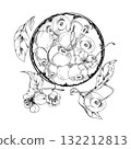 Sweet sour line cherry berries on ceramic plate, hand drawn vector ink, ripe cerise, leaves, white flowers. Isolated composition illustration. Restaurant, cafe dessert menu, wedding, farmers market 132212813