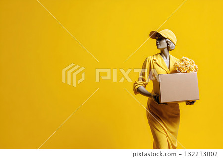 Shopping, product delivery. A female mannequin in a dress holds a cardboard box in her arms against a yellow background. Copy space. Banner for your business. 132213002