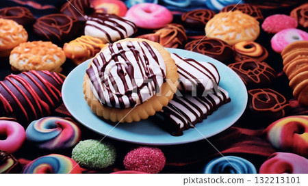 background from the assortment of cookies with chocolate on a wooden table, delicious pastries background from the assortment of cookies with chocolate on a wooden table, delicious pastries 132213101