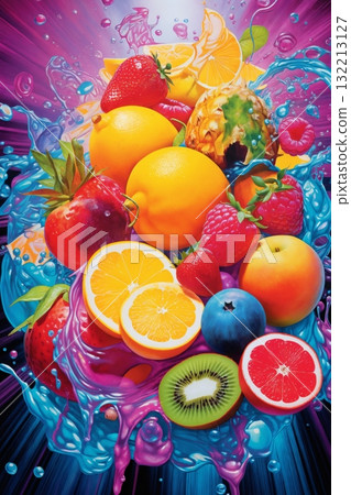 fruits with water splashes, on color background, fresh and healthy food fruits with water splashes, on color background, fresh and healthy food 132213127