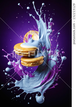 marshmallows and cookies with splashes of sauce or cream on a colored background, delicious and sweet food 132213129