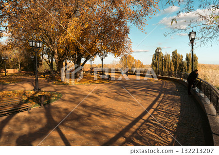 Autumn Lookout: Leafy Park Promenade with Scenic Overlook and Benches 132213207