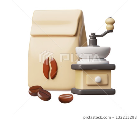 Paper bag package with coffee beans and manual coffee grinder 3D vector illustration, coffee package and mill machine 132213298