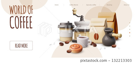 World of Coffee shop landing page advertising 3D vector design, cup with coffee, coffee grinder, turk and bakery product 132213303