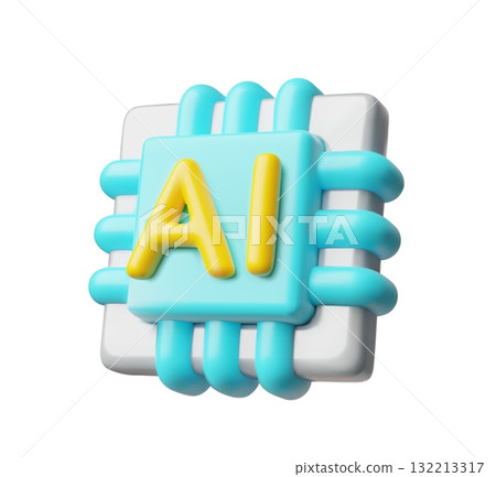 3D cartoon icon of an artificial intelligence chip, blue and yellow. Digital data, technology. 132213317