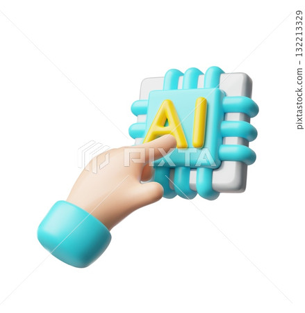 3D icon of a hand pointing at an AI chip, modern technologies. 3D icon of a hand pointing at an AI chip, modern technologies. 132213329