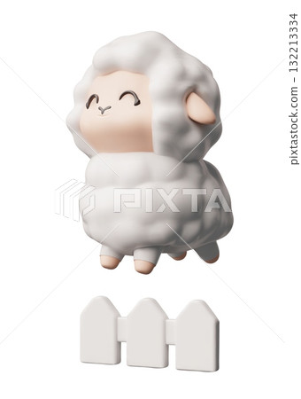 Cute lamb jumps over a fence 3D plastic style, sweet dreams symbol, vector cartoon white curly fluffy sheep, farm animal 132213334