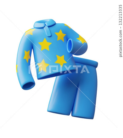 3D pajama icon, pants and shirt, blue, with a yellow star pattern. 132213335