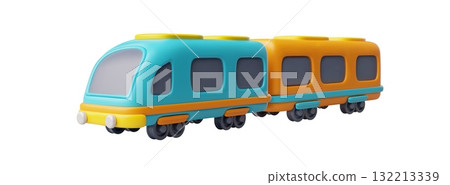 3D cartoon train, blue and orange, with carriages. Locomotive, subway, vehicle. 3D cartoon train, blue and orange, with carriages. Locomotive, subway, vehicle. 132213339