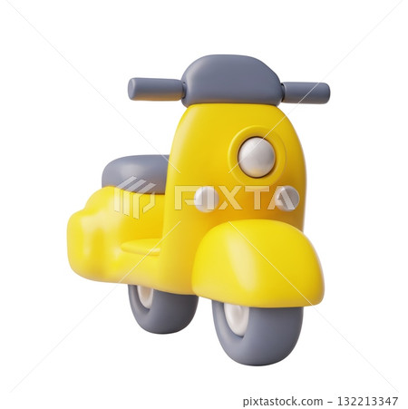 Yellow moped 3D cartoon plastic style vector icon, motorbike transport, volume toy, touristic travel two-wheel vehicle 132213347