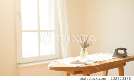 窗台上擺放著時尚的熨斗和熨衣板。家務和家務的圖片。自然的室內裝飾。 132213378