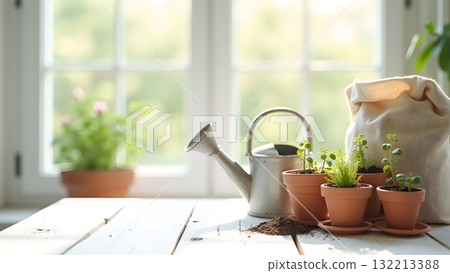 Image of a watering can and flowerpot on a windowsill Illustration 132213388