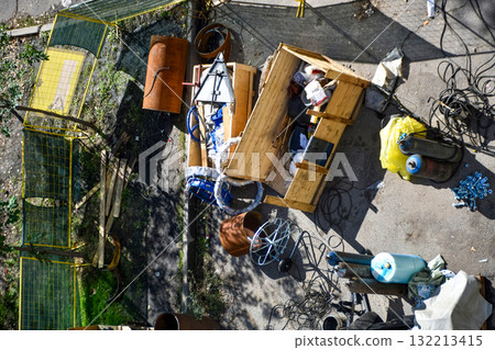 Repair of city water supply pipes, industrial site with equipment and materials for water pipe repair, top view Repair of city water supply pipes, industrial site with equipment and materials for water pipe repair, top view 132213415