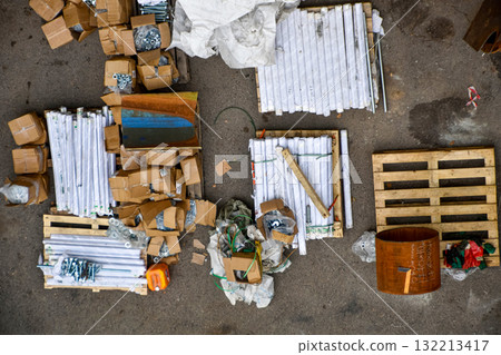 Repair of city water supply pipes, industrial site with equipment and materials for water pipe repair, top view Repair of city water supply pipes, industrial site with equipment and materials for water pipe repair, top view 132213417
