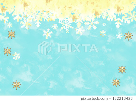 Winter background illustration of watercolor gold snowflakes and antique stars 132213423