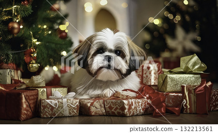 Cute Shih Tzu Puppy Posing for Christmas Cute Shih Tzu Puppy Posing for Christmas 132213561