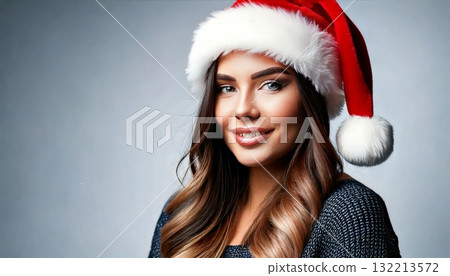 Smiling Woman in Santa Hat Winter Festive Season 132213572