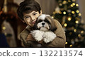 Boy Hugging Shih Tzu Dog Christmas Festive Cheer Boy Hugging Shih Tzu Dog Christmas Festive Cheer 132213574