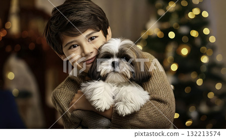 Boy Hugging Shih Tzu Dog Christmas Festive Cheer Boy Hugging Shih Tzu Dog Christmas Festive Cheer 132213574