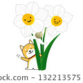 一隻柴犬在白色水仙花後面快樂地揮手 132213575