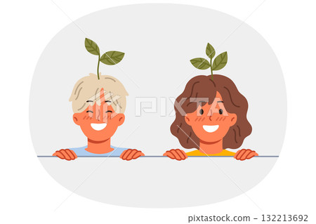 Happy children with plants sprouting from heads, showing commitment to caring for environment 132213692