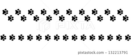 Straight trail of wet or mud pawprints of dog or cat, puppy or kitty. Borders with black paw silhouettes. Steps of running or walking animal isolated on white background. Vector graphic illustration 132213791