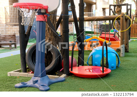Playground in the park with children's equipment. Playground for children. 132213794