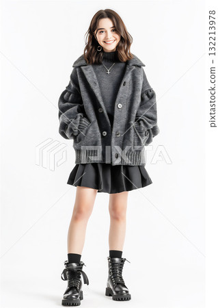 穿著灰色毛衣和裙子的女裝 132213978