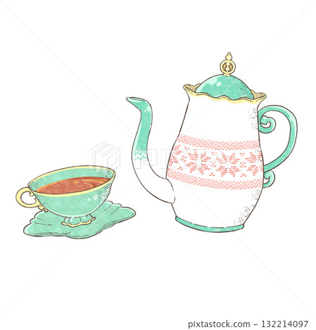 水彩風格北歐圖案茶壺和透明背景的翠綠色茶杯 132214097